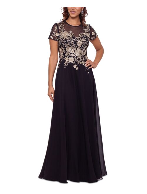 Betsy & Adam Petite Mesh Embroidered Gown