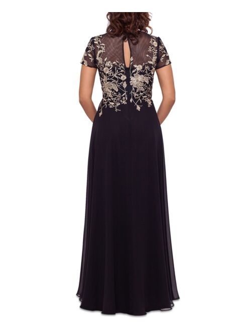 Betsy & Adam Petite Mesh Embroidered Gown