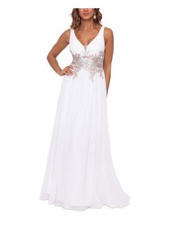 V-Neck Mesh-Waist Embroidered Chiffon Gown