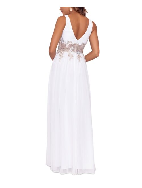 Betsy & Adam V-Neck Mesh-Waist Embroidered Chiffon Gown