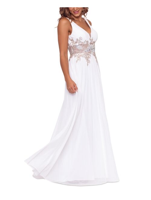 Betsy & Adam V-Neck Mesh-Waist Embroidered Chiffon Gown