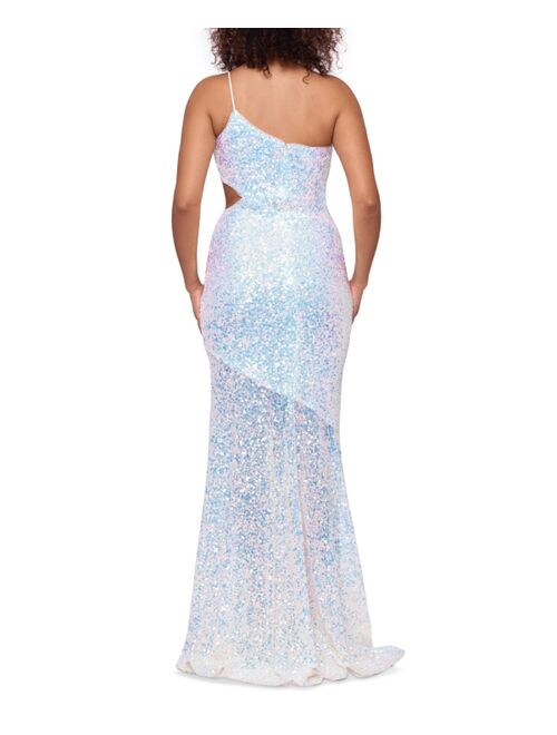 Betsy & Adam Sequinned One-Shoulder Cutout Gown