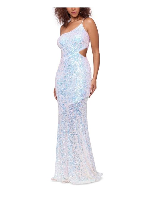 Betsy & Adam Sequinned One-Shoulder Cutout Gown
