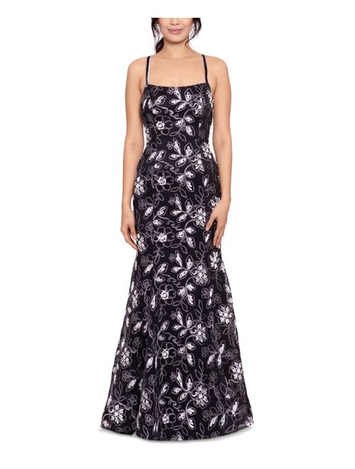 Betsy & Adam Embroidered Lace-Up-Back Gown