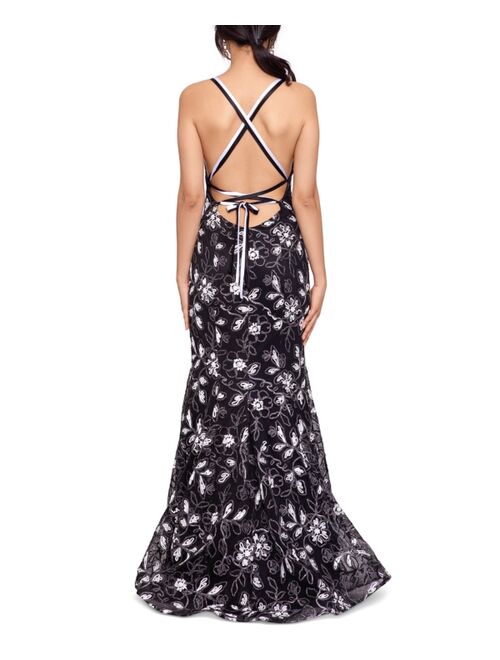 Betsy & Adam Embroidered Lace-Up-Back Gown