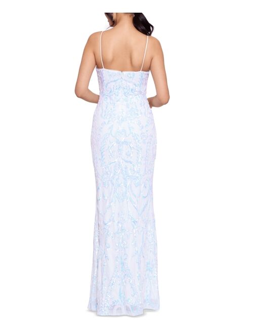 Betsy & Adam Sequined Mesh-Inset Gown
