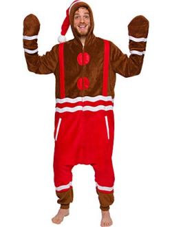 Silver Lilly Men's Gingerbread Costume Pajamas - One Piece Christmas Plush Unisex Novelty Holiday Jumpsuit