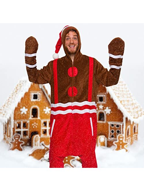 Silver Lilly Men's Gingerbread Costume Pajamas - One Piece Christmas Plush Unisex Novelty Holiday Jumpsuit