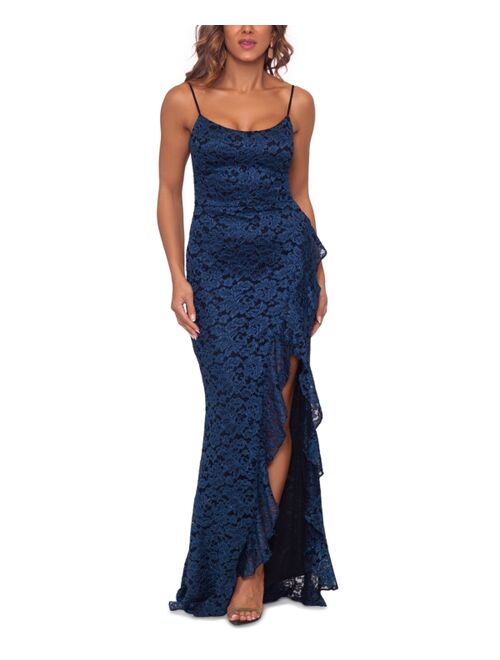 Betsy & Adam Ruffled-Detail Lace Gown