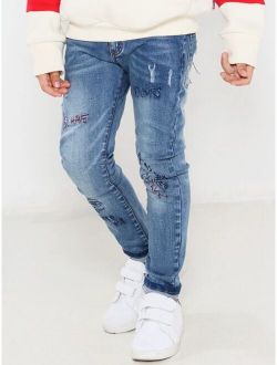 SOLOCOTE Boys Slogan Embroidery Bleach Wash Cat Scratch Skinny Jeans