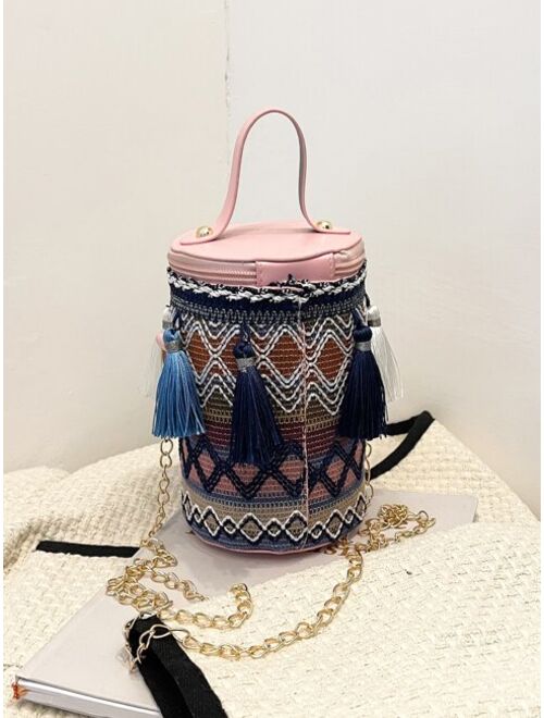 Shein Mini Argyle Pattern Tassel Decor Chain Bucket Bag