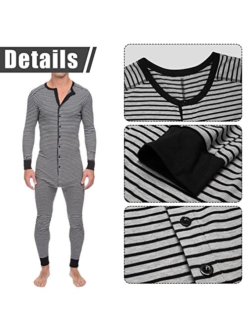 Panegy Men's Long Sleeve Comfortable One Piece Pajama Jumpsuit Stripped Henley Onesie Romper Novelty for Spring S-3XL