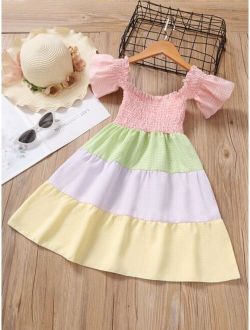 Toddler Girls Colorblock Gingham Shirred Puff Sleeve Ruffle Hem Dress