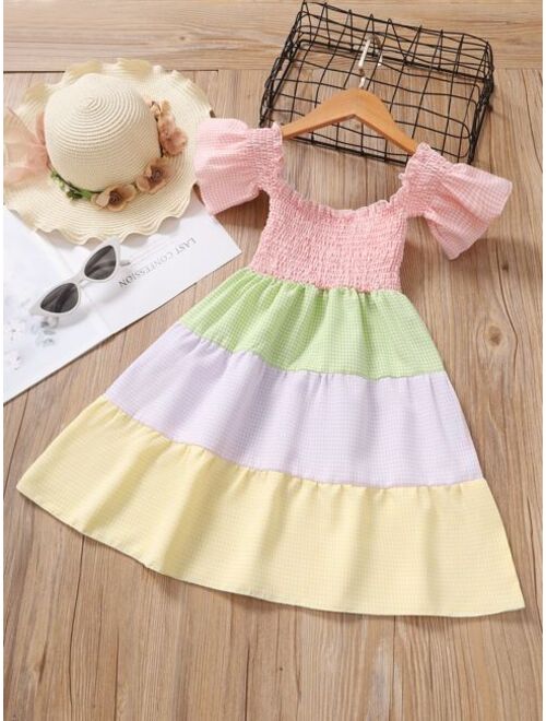 Shein Toddler Girls Colorblock Gingham Shirred Puff Sleeve Ruffle Hem Dress