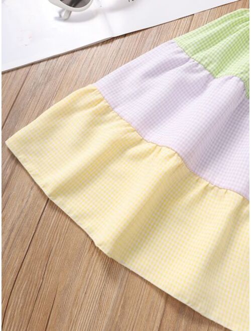 Shein Toddler Girls Colorblock Gingham Shirred Puff Sleeve Ruffle Hem Dress
