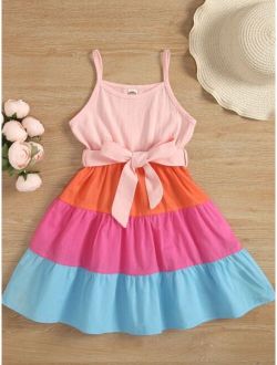 Toddler Girls Color Block Ruffle Hem Belted Cami Dress