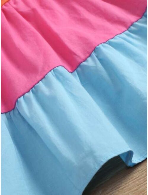Shein Toddler Girls Color Block Ruffle Hem Belted Cami Dress