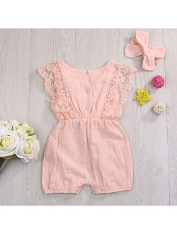 KCSLLCA Baby Girls Lace Romper Set Ruffle Sleeve Solid Color Onesie with Headband