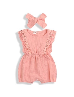 KCSLLCA Baby Girls Lace Romper Set Ruffle Sleeve Solid Color Onesie with Headband