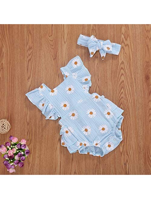 Ma&Baby Baby Girls Daisy Playsuits Ruffled Bodysuit+Headband Print Fly Sleeve Romper Floral Jumpsuit Infant Summer Clothes