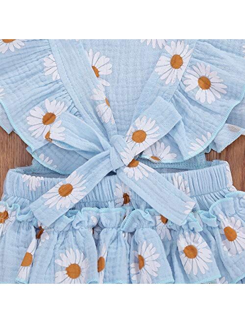 Ma&Baby Baby Girls Daisy Playsuits Ruffled Bodysuit+Headband Print Fly Sleeve Romper Floral Jumpsuit Infant Summer Clothes