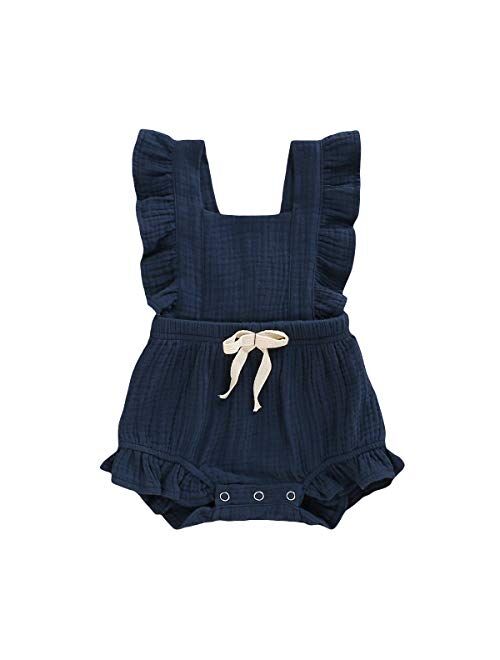YOUNGER TREE Toddler Baby Girl Ruffled Sleeveless Romper Casual Summer Jumpsuit Cotton Linen Clothes