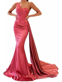 Raomiao One Shoulder Mermaid Prom Dresses for Women Long Satin with Train Formal Evening Party Gowns 2022