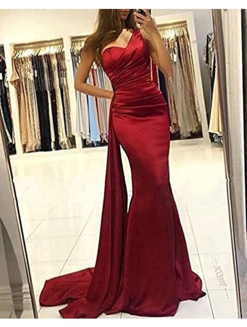 Raomiao One Shoulder Mermaid Prom Dresses for Women Long Satin with Train Formal Evening Party Gowns 2022