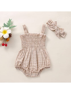 Biayxms Infant Baby Girls Floral Cotton Strappy Halter Romper Bodysuit and Headband Ruffled Jumpsuit Sunsuit Baby Girl Summer Clothes