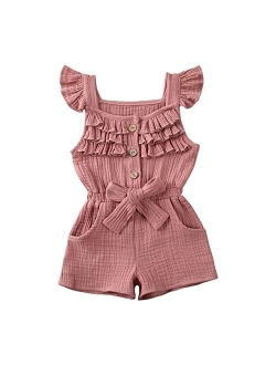 Hearyoo Toddler Baby Girl Romper Jumpsuit Fly Sleeve Bodysuit Ruffle Sleeveless Pockets One Piece Overall Kids Girls Summer Clothes