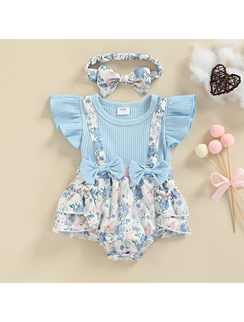 Xaoxeijuq Newborn Infant Baby Girls Easter Romper Ribbed Floral Bunny Print Jumpsuit Playsuit Summer Clothing + Cute Headband