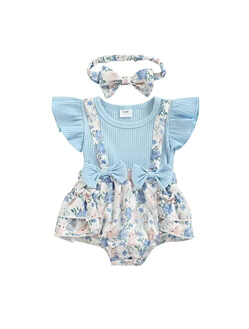 Xaoxeijuq Newborn Infant Baby Girls Easter Romper Ribbed Floral Bunny Print Jumpsuit Playsuit Summer Clothing + Cute Headband