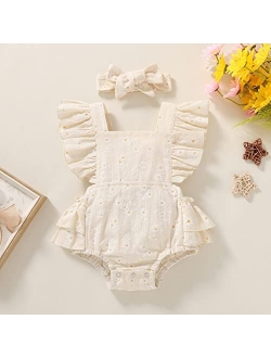 Tiny Cutey Infant Baby Girl Romper Ruffle Jumpsuit Bodysuit Newborn Girl Outfits Floral Summer Clothes with Headband