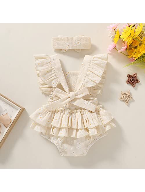Tiny Cutey Infant Baby Girl Romper Ruffle Jumpsuit Bodysuit Newborn Girl Outfits Floral Summer Clothes with Headband