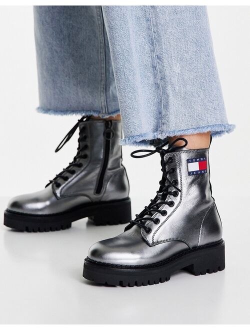 Tommy Hilfiger Tommy Jeans chunky lace up flag logo boots in metallic silver