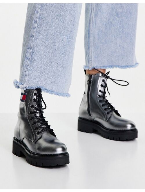 Tommy Hilfiger Tommy Jeans chunky lace up flag logo boots in metallic silver
