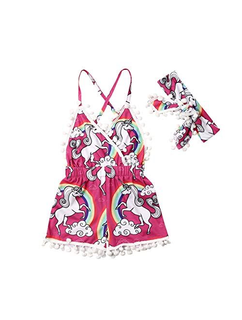 Hylcrymdd Toddler Baby Girl Floral Romper Jumpsuit Clothes Backless One Piece Shorts Romper Summer Outfits+Headband