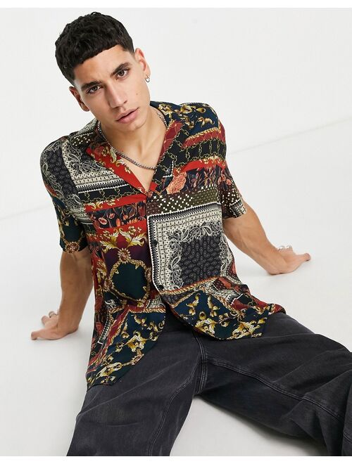 ASOS DESIGN relaxed deep revere shirt in patchwork baroque print