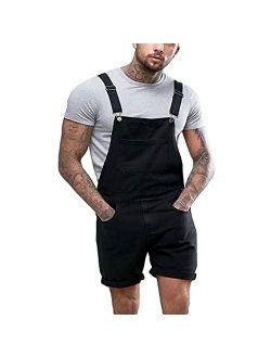 QNIHDRIZ Mens Denim Bib Overall Shorts Casual Jeans Romper Summer Dungarees Jumpsuit Above Knee Mid Straight Pants