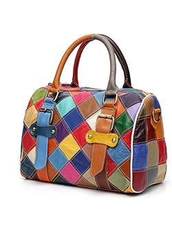 DownUpdown Women Handbag Genuine Leather Handmade Multicolor Splice Tote Bag Shoulder Bag with Long Strap