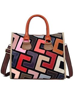 Segater Women Multicolor Genuine Leather Tote Handbag Colorful Graffiti Crossbody Bags