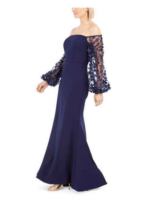 Eliza J 3D-Floral-Sleeve Scuba Crepe Gown