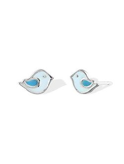 Boma Jewelry Sterling Silver Blue Bird Stud Earrings with Handpainted Enamel