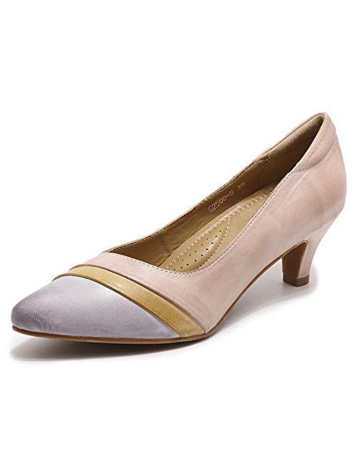 Mona flying Women's Leather Pump Med Heel Pointed Toe Office Dress Shoes for Ladies
