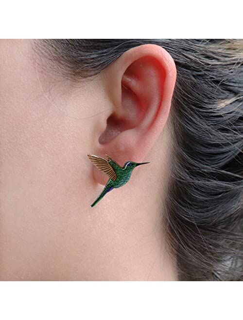GenéRico Sparkling Violetar green Flying hummingbird handmade stud bird earrings for women