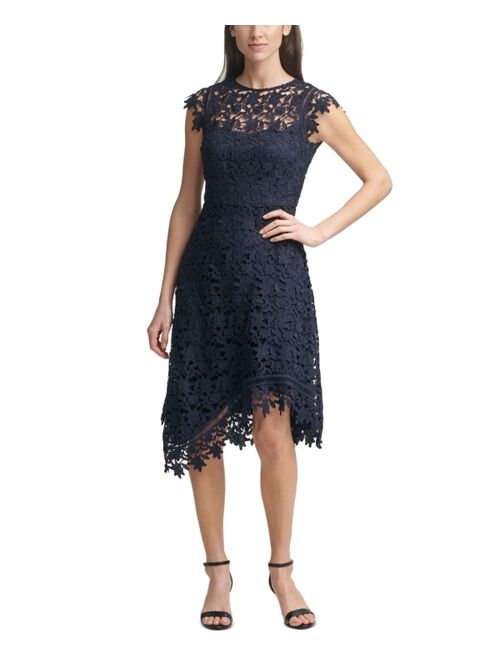 Eliza J Lace Asymmetrical-Hem Midi Dress