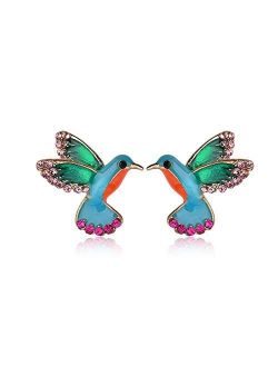 AILUOR Cute Enamel Crystal Hummingbird Bird Stud Earrings, Colorful Metal Animal Ear Studs Statement Jewelry for Women Girl