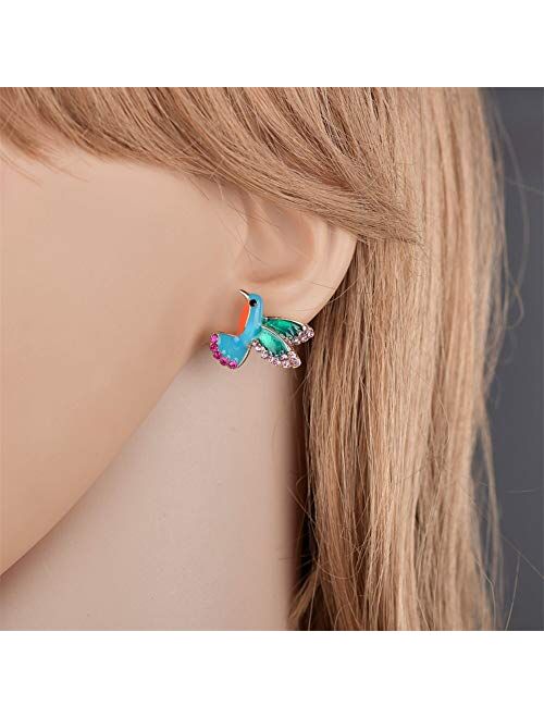 AILUOR Cute Enamel Crystal Hummingbird Bird Stud Earrings, Colorful Metal Animal Ear Studs Statement Jewelry for Women Girl