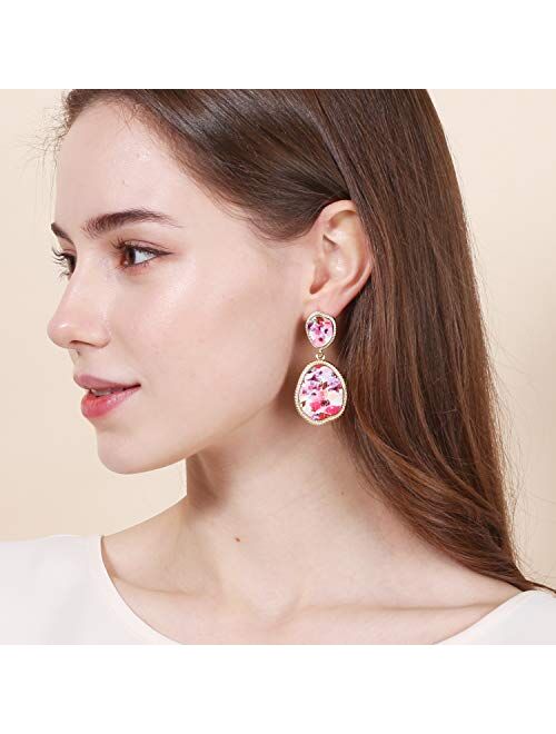 BONALUNA Bohemian Wood And Flower Printed Oval Shaped Drop Statement Earrings