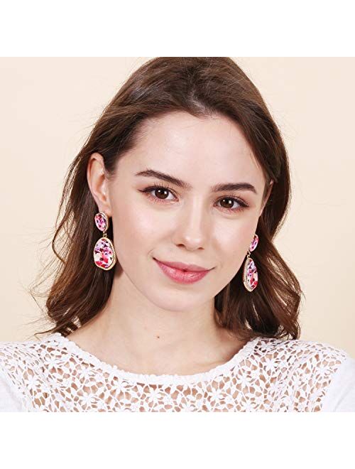 BONALUNA Bohemian Wood And Flower Printed Oval Shaped Drop Statement Earrings